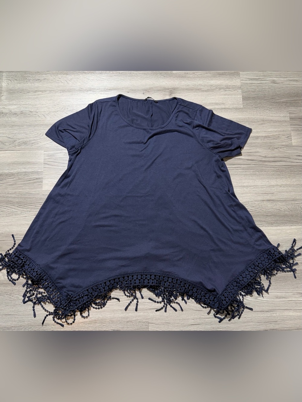 BloomChic Women Plus Size 14/16 Navy Fringe Hem Tunic Top Short Sleeve Boho
